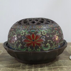 Ceramic incense burner with a lid Resin incense burner Incense censer Unglazed with glazed decoration RED LOTUS Diameter 11cm 4.33in