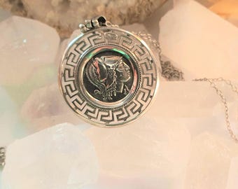 Athena Goddess solid sterling silver vintage pendant and necklace, big double-sided pendant, mytical jewelry