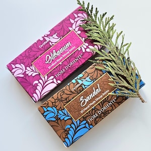 Dhoop stick incense, Olibanum or Sandal, handmade 10 thick sticks and holder, 20g, 100% natural ingredients, Certified by ICEA Italy