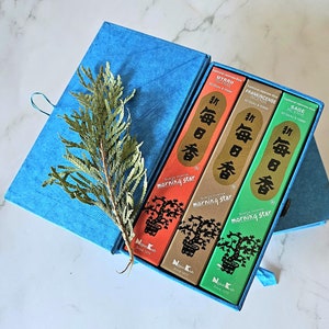 Japanese Incense Gift Box, SAGE MYRRH FRANKINCENSE, 3 x 50 sticks and 3 painted porcelain tile holders, 60g 2.12oz, natural incense