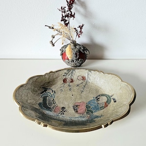 Vintage Hahn und Huhn Tablett Schale , Cloisonné Technik Emaille - selten - Länge 23,5 cm 9,25 in