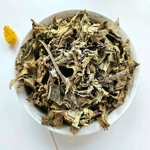 May include: A white ceramic bowl filled with dried, brown and green leaves. A small yellow flower is placed near the bowl. The leaves appear to be a natural product, possibly for tea or herbal use.