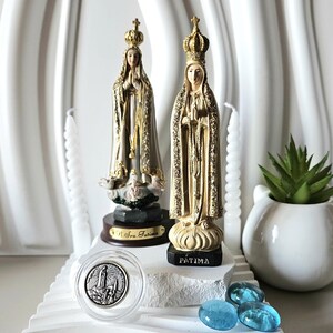 Estatua de Nuestra Señora de Fátima, figura religiosa de Nuestra Señora, Nossa Senhora de Fátima, pintada a mano, 2 opciones, caja OFERTAS y vela