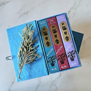 Japanese Incense Gift Box, JASMINE ROSE LAVENDER, 3 x 50 sticks and 3 painted porcelain tile holders, 60g 2.12oz, natural incense
