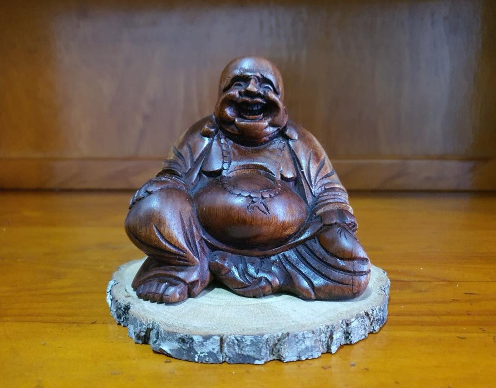 Vintage LAUGHING BUDDHA hand carved wood | Etsy