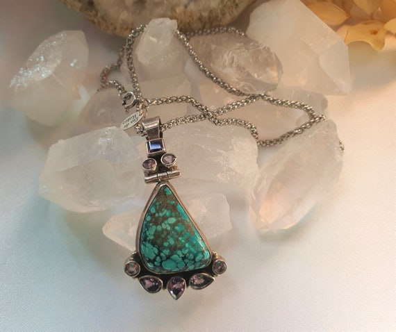 Turquoise and amethyst pendant and necklace, soli… - image 4