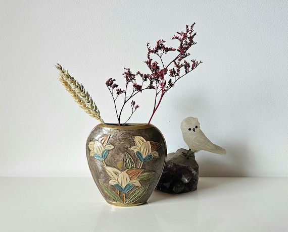 Vintage Bud Vase brass and cloisonné technique enamel floral motif, pillow vase with floral motif - rare - height 10.5cm 4.13"