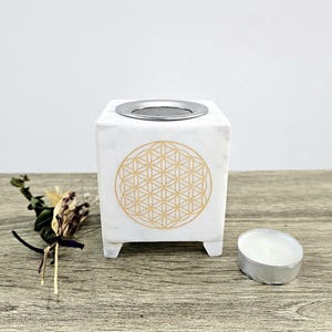 NO CHARCOAL Incense burner for resins and powders without charcoal, Tea light candle burner, White marble, Flower of Life, Offers