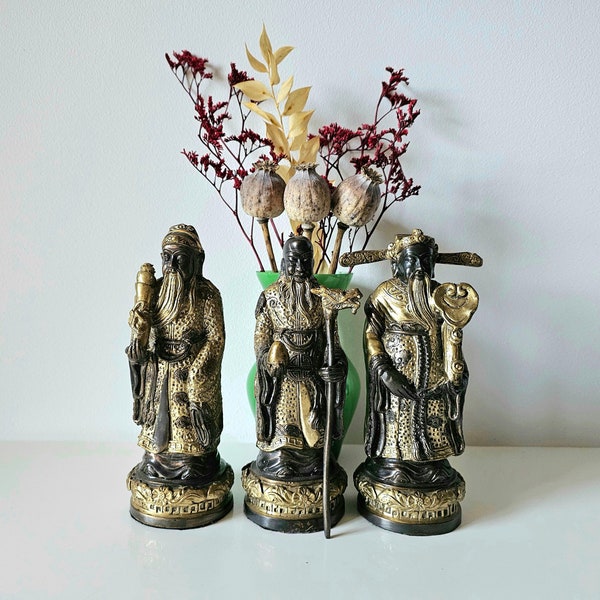 Feng Shui GODS OF WEALTH vintage statues, Three Immortals, Fuk Kuk Sau, Shou Lu Fu, Good Luck Gods, solid brass
