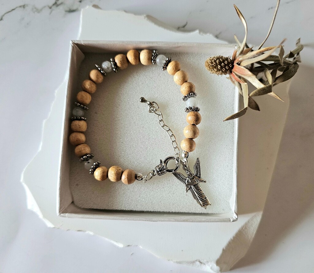 LivuX Bracciale Arcangelo Gabriele Con Pietra Di Luna Arcobaleno - Gioiello Spirituale Con Perle Di Legno, Regalo Angelico Con Confezione E Libretto