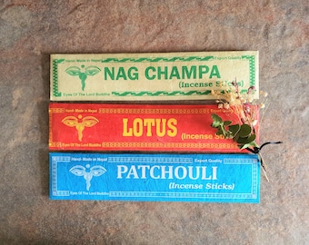 Bâtons d'encens népalais 3 paquets de 15g chacun NAGCHAMPA LOTUS PACHOULI arôme longue durée papier lokta 100% naturel