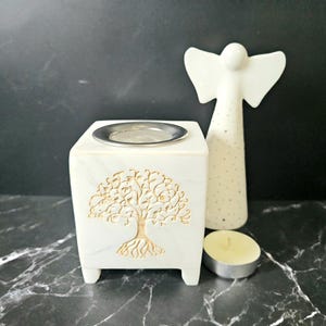 NO CHARCOAL Incense burner for resins and powders without charcoal, Tea light candle burner, white marble, Tree of Life, Offers