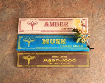 Nepalese incense sticks 3 packs of 15g each AMBER MUSK AGARWOOD long lasting aroma 100% natural lokta paper