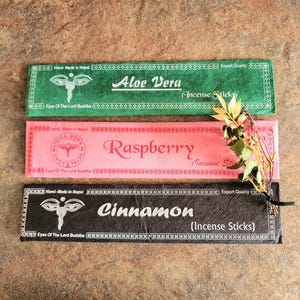 Nepalese incense sticks 3 packs of 15g each Aloe Vera Raspberry Cinnamon, long lasting aroma, 100% natural, lokta paper