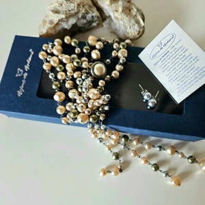 May include: A necklace and earring set with faux pearls in shades of cream, olive green, and silver. The necklace has a large central cluster and cascading strands. The earrings are small, round studs. The set is displayed in a navy blue box.