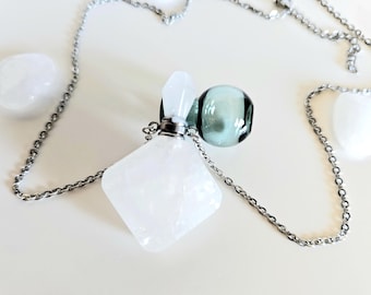 Clear Quartz Crystal Perfume Bottle Necklace, Stainless Steel Chain, Healing Stone Amulet