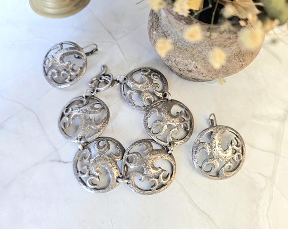 Parure Vintage Moderniste En Argent Massif (bracelet, Bague, Boucles D'oreilles) - Marque 925 - Très Bon état