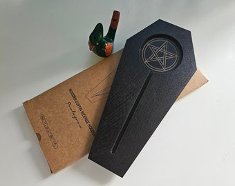 Wooden incense holder for sticks and cones Incense burner with ash catcher Gothic incense stick holder COFFIN PENTACLE length 22.5cm 8.86in