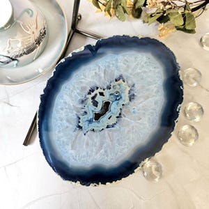 Blue Agate slice, polished Blue Agate slice, Blue Agate slab polished on both sides, Throat Chakra healing crystal, 17cm 6.69in, 250g 8.82oz