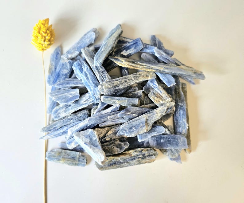 May include: A collection of blue kyanite crystals with a yellow dried flower on a white background. The kyanite pieces are various sizes and shapes, displaying a range of blue hues. The flower is a bright yellow, adding a contrasting color to the composition.