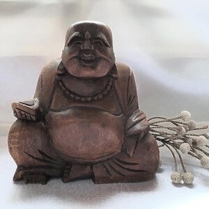 Vintage Laughing Buddha statue hand carved wood, Buddha wooden statuette, Buddha figurine, Happy Buddha, 12cm - 4.72in