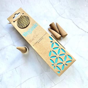 Nag Champa incense cones, 3 packs with 12 jumbo cones ceramic burner and Flower of Life pendant each, masala incense, Organic incense
