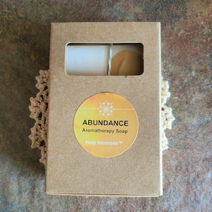 ABUNDANCE aromatherapy soap bar Abundance vegan soap Handmade soap recycled cardboard box cotton placemat and mineral Holy Incenses®