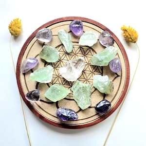 Healing crystal grid kit with Clear Quartz Green Calcite Amethyst, Healing Crystal Grid Set, Wood Crystal Grid, 15.3cm 6.02in, 4 Options