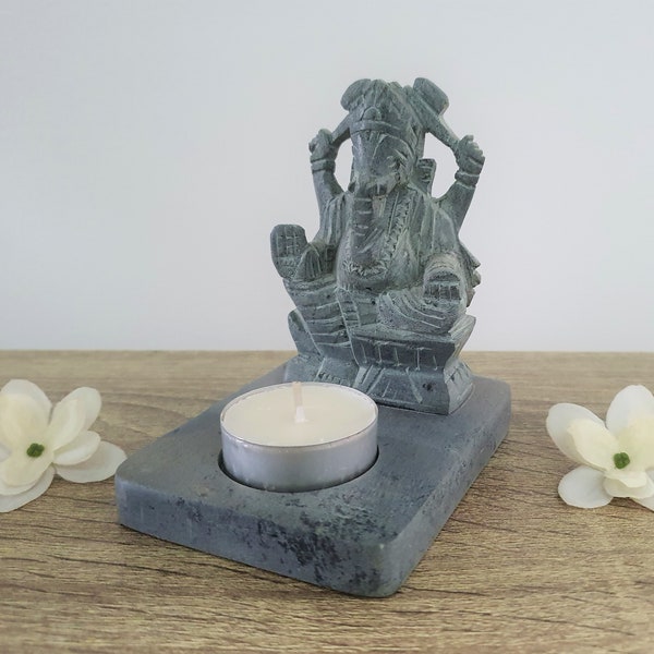 GANESH natural soapstone candle holder Ganesha candle holder Hindu god of happiness soapstone gray 11cm 4.33in