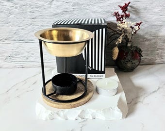 Oil Burner with tealight, Essential oil diffuser, Wax melt warmer, Incense burner, iron and brass, wooden coaster, height 10cm 3.94in