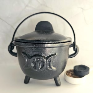 Incense Burner for resins and powders with lid swing handle, black bowl burner, cast iron, 1.13kg to 1.20kg, CAULDRON 2 (BIG) + OFFER