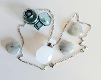 Clear Quartz Crystal Perfume Bottle Necklace, Stainless Steel Chain, Healing Stone Amulet