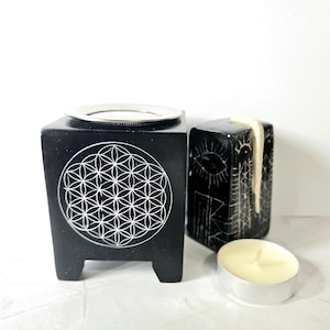 NO CHARCOAL Incense burner for resins and powders without charcoal, Tea light candle burner, black soapstone, Flower of Life 1, Offers
