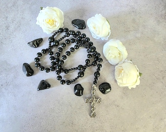 Rosario católico, rosario de oración, cuentas de ónix negro mate, hecho a mano por Lia de Matos®