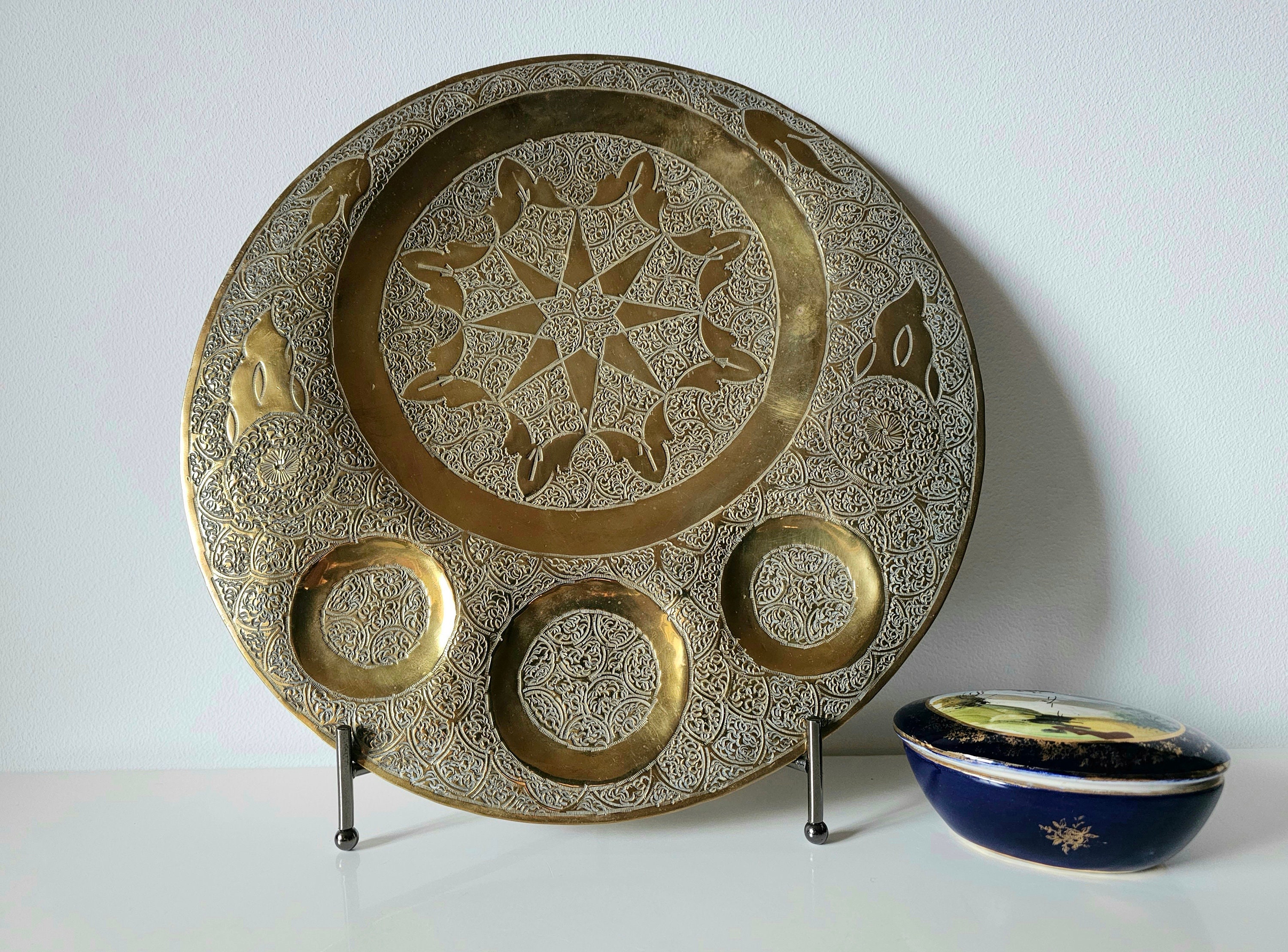 ヴィンテージ モロッコ 真鍮トレイ、手打ちフェズプレート、8角星、30