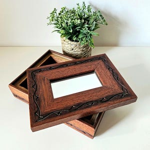 Wooden Box with mirror on lid, Vintage Jewelry Box, Hand carved solid wood
