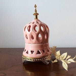 Incense burner for all kinds of incense, Glazed ceramic and golden metal, Very light pink, DOME, Height 19cm 7.48in