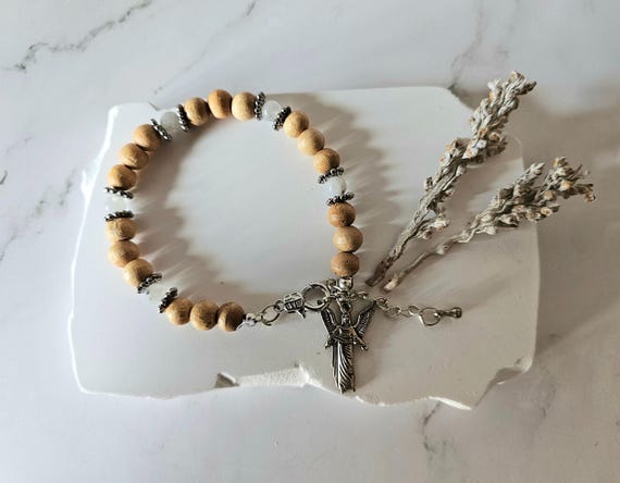 LivuX Bracciale Arcangelo Gabriele Con Pietra Di Luna Arcobaleno - Gioiello Spirituale Elastico 19-23 Cm - 2