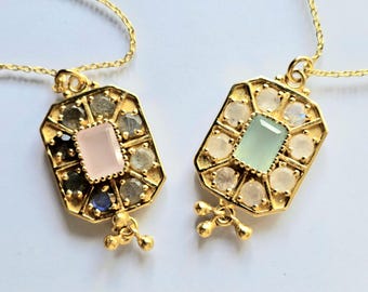 Collar rectangular, bronce chapado en oro de 18k y 1 micra, piedras preciosas auténticas, 2 opciones: calcedonia con piedra lunar y cuarzo rosa con labradorita.