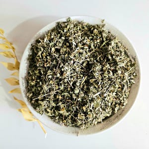 Puede incluir: Un cuenco de cerámica blanco lleno de hierbas verdes secas. Las hierbas están finamente picadas y tienen un aspecto ligeramente texturizado. Un tallo de planta seca de color dorado se coloca a la izquierda del cuenco, añadiendo un elemento natural.