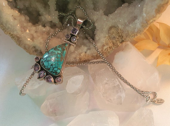 Turquoise and amethyst pendant and necklace, soli… - image 2