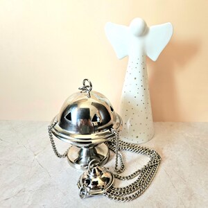 Thurible, incense censer with chains, hanging incense burner, brass nickel plated, handmade in European Union, height 9.4cm 3.70in
