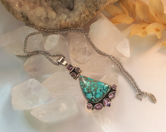 Turquoise and amethyst pendant and necklace, soli… - image 1