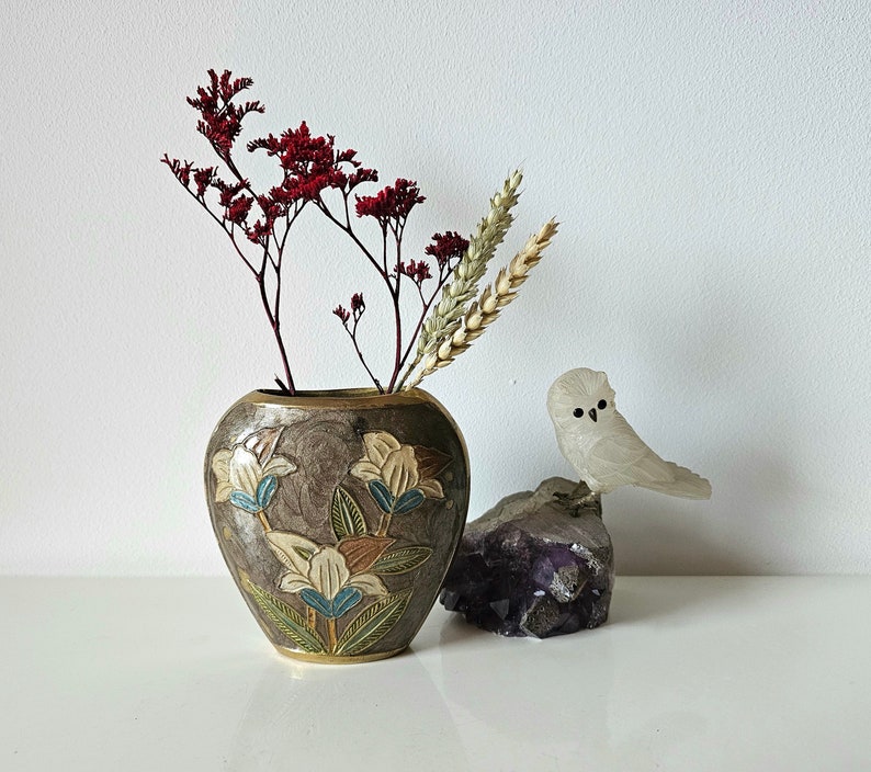 Vintage BUD VASE brass and cloisonné technique enamel floral motif, pillow vase with floral motif - rare - height 10.5cm 4.13"