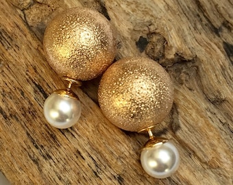 Classy French style gold and white front and back earrings. Double sided studs with 2 pearls.
