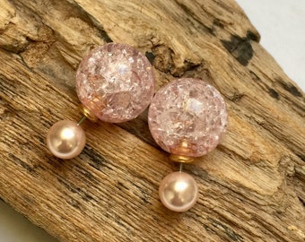 Classy French style light pink double sided earrings. Double studs with pink crackled pearls.