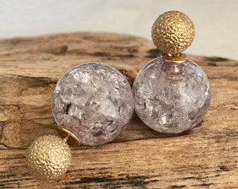 Classy French style grey and gold earrings, double studs with front and back pearls.