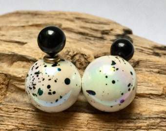 Elegant pair Of white and black double sided earrings, French style studs with front and back iridescent beads