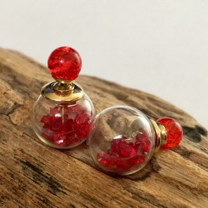 Charming pair of red double sided earrings, French double studs with little rhinestones in glass globes