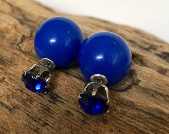 Stylish pair of bright blue double sided earrings, front and back style studs from France